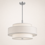 Studio low profile | off-white three-drum chandelier with chrome-tone rod, canopy, and underside