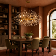In a room | warm gold-tone 12-light crystal ring chandelier in a terracotta library dining room