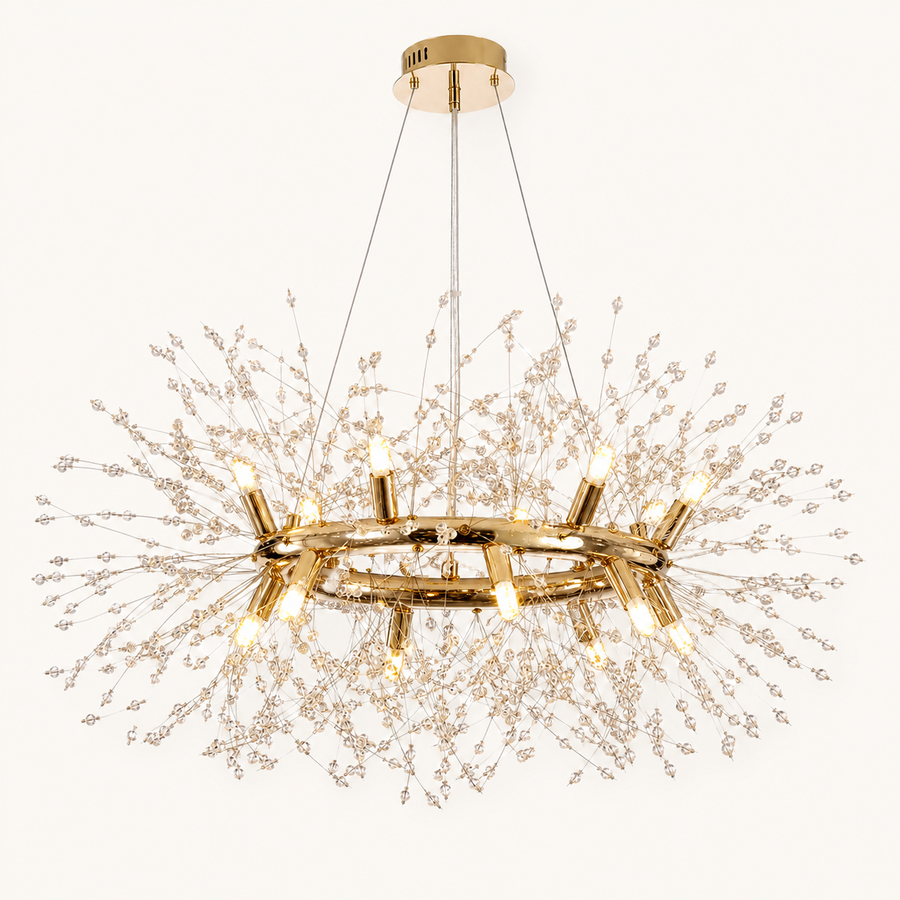 Front | warm gold-tone 12-light crystal ring chandelier on a clean studio background