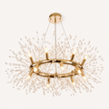 Side | warm gold-tone 12-light crystal ring chandelier from a low underside studio angle