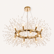 Side | warm gold-tone 12-light crystal ring chandelier from a low underside studio angle