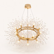 Studio | warm gold-tone 12-light crystal ring chandelier from an elevated studio angle