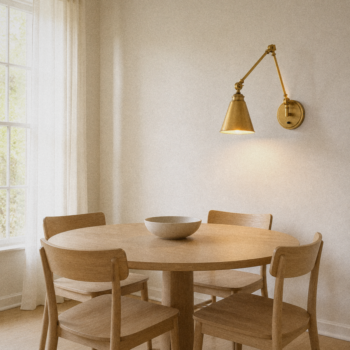Dining room | warm brass swing-arm wall sconce lit on a warm white wall beside a round pale-oak table and four oak chairs, window left