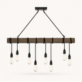 Front | eight clear bare bulbs on a weathered wood-look metal beam with black straps and cords