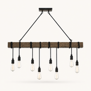 Front | eight clear bare bulbs on a weathered wood-look metal beam with black straps and cords