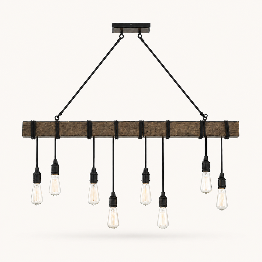 Front | eight clear bare bulbs on a weathered wood-look metal beam with black straps and cords