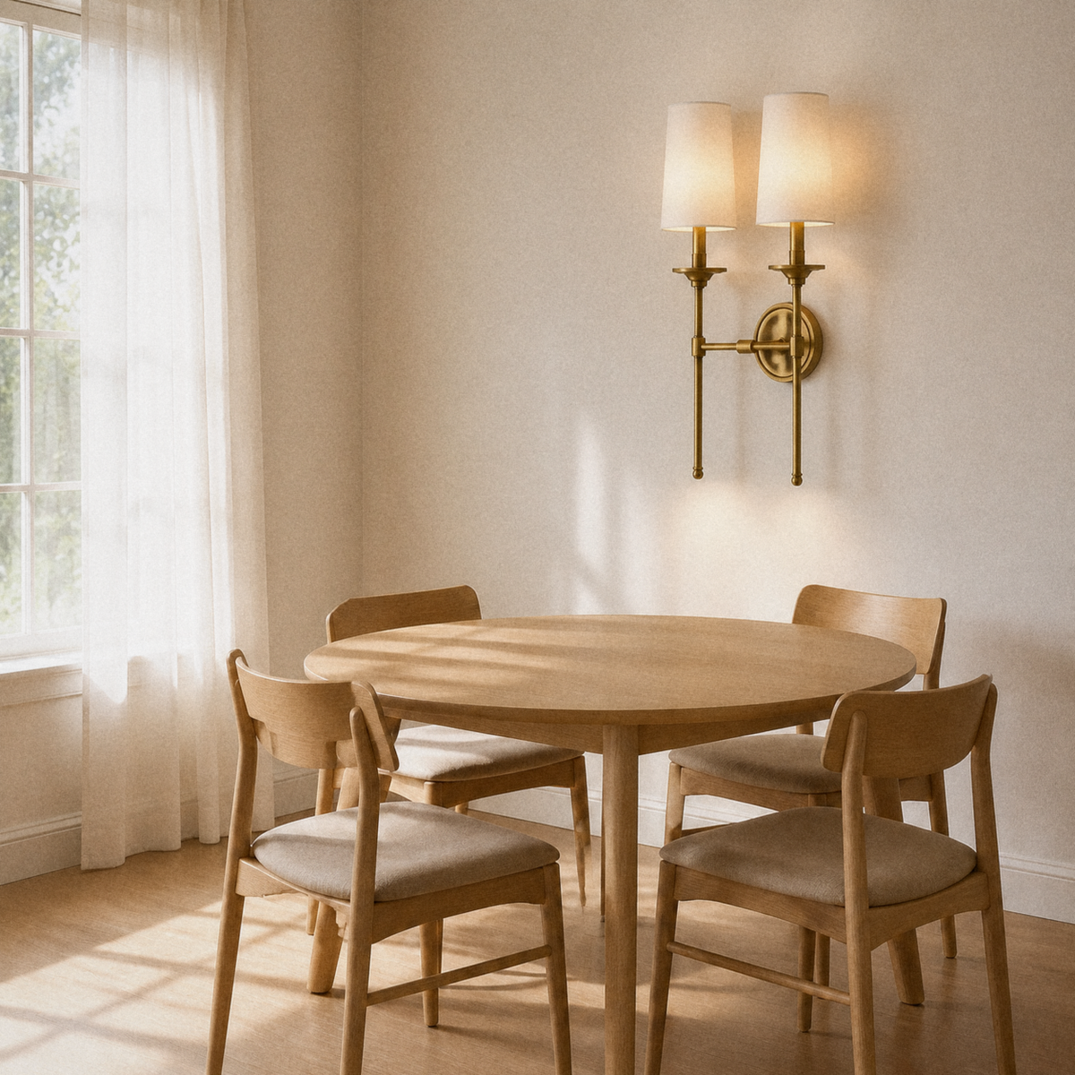 Warm dining | two-light rubbed brass wall sconce with off-white linen shades above a round oak table