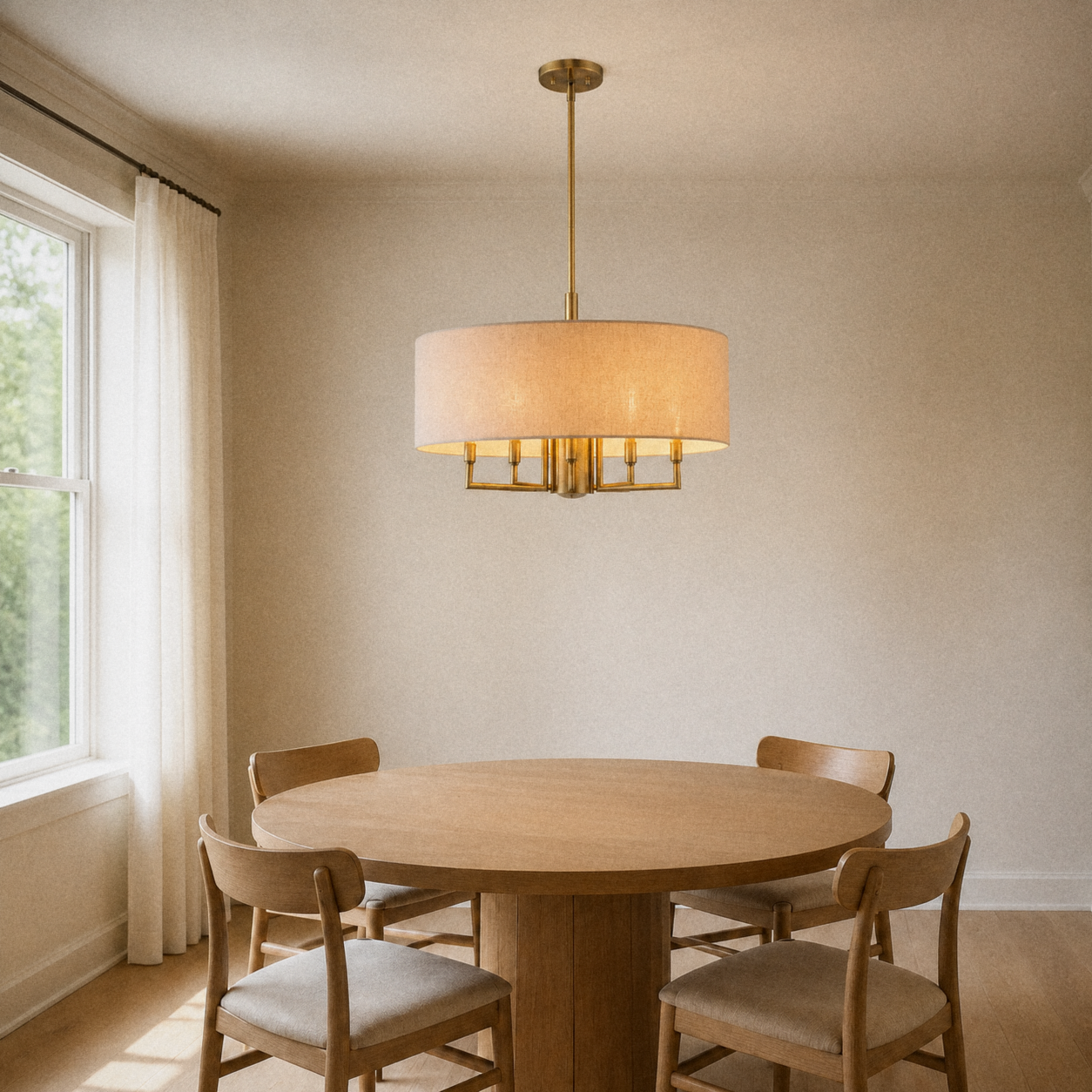 In a room | antique brass drum chandelier hanging over a round oak dining table, morning light from the left window