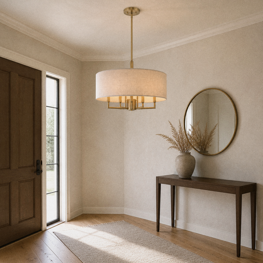 In a room | the chandelier in an entryway beside a walnut console and round brass mirror, morning light from the front door