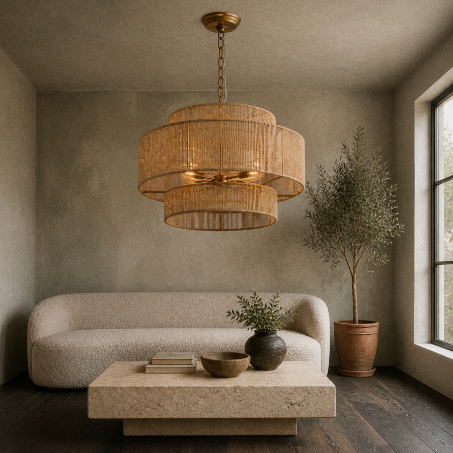 Room 2 | honey-tan three-tier rope chandelier above a stone table in a cool limewash living room