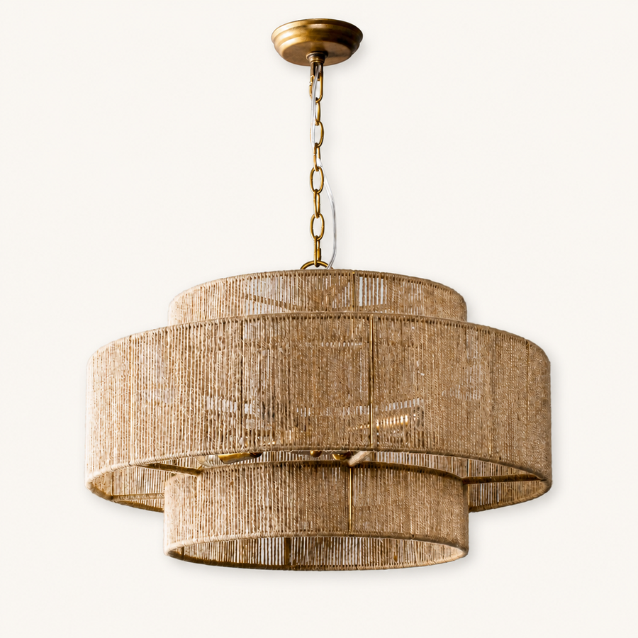 Front | three cascading honey-tan rope tiers with distressed gold canopy and chain on a clean studio ground
