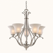 Studio front | brushed nickel five-light chandelier with five frosted glass bell shades, curved arms, chain and canopy