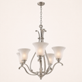 Studio side | right-side profile of the brushed nickel chandelier with chain, canopy, curved arms and five shades