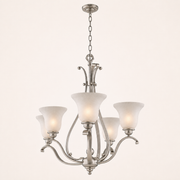 Studio side | right-side profile of the brushed nickel chandelier with chain, canopy, curved arms and five shades