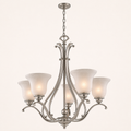 Studio three-quarter | brushed nickel five-light chandelier from a raised corner angle showing canopy depth, curved arms and five frosted shades