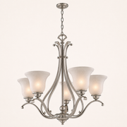 Studio three-quarter | brushed nickel five-light chandelier from a raised corner angle showing canopy depth, curved arms and five frosted shades