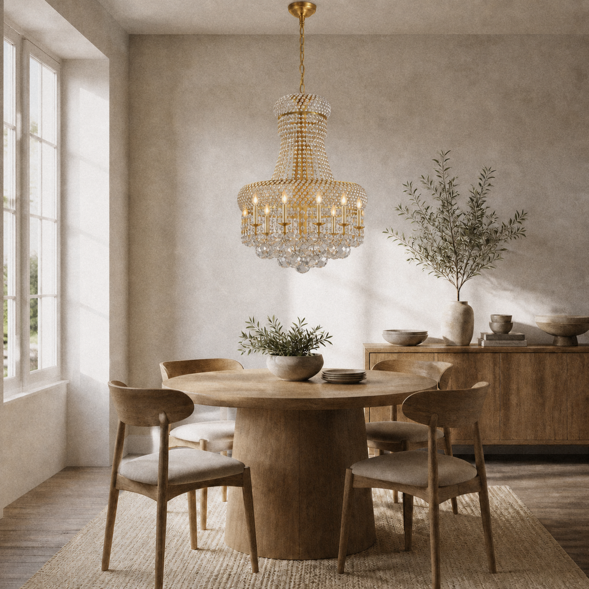 In a room | marnau Lannic 8-Light Empire Chandelier over a pale-oak dining table