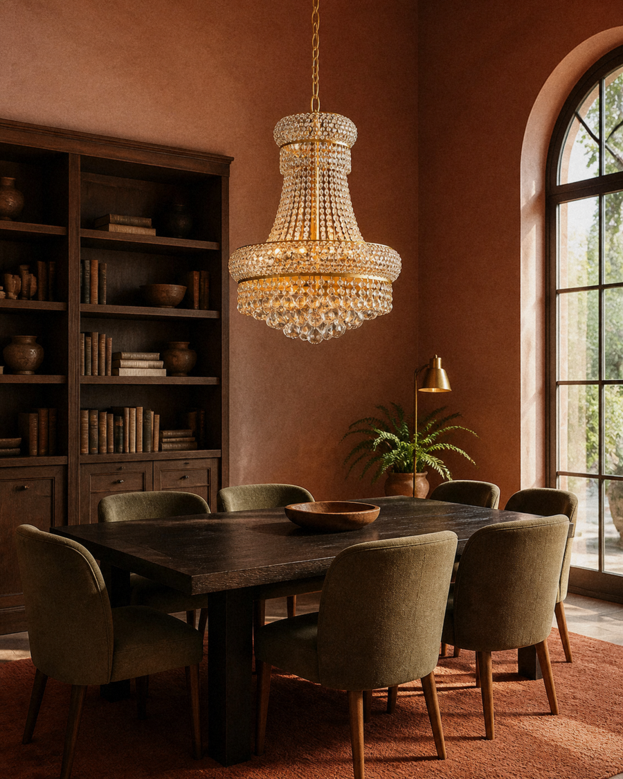 In a room | marnau Lannic 8-Light Empire Chandelier in a terracotta library dining room