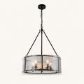 Front | studio front view of the black iron drum chandelier with clear rippled glass and five bulbs