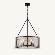 Front | studio front view of the black iron drum chandelier with clear rippled glass and five bulbs