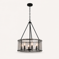 Side | side-profile studio view showing the chandelier drum depth, side glass panels, and rods