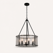 Side | side-profile studio view showing the chandelier drum depth, side glass panels, and rods