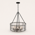 Studio | three-quarter studio view showing the chandelier drum depth, chain, canopy, and glass panels