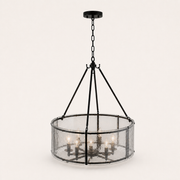 Studio | three-quarter studio view showing the chandelier drum depth, chain, canopy, and glass panels
