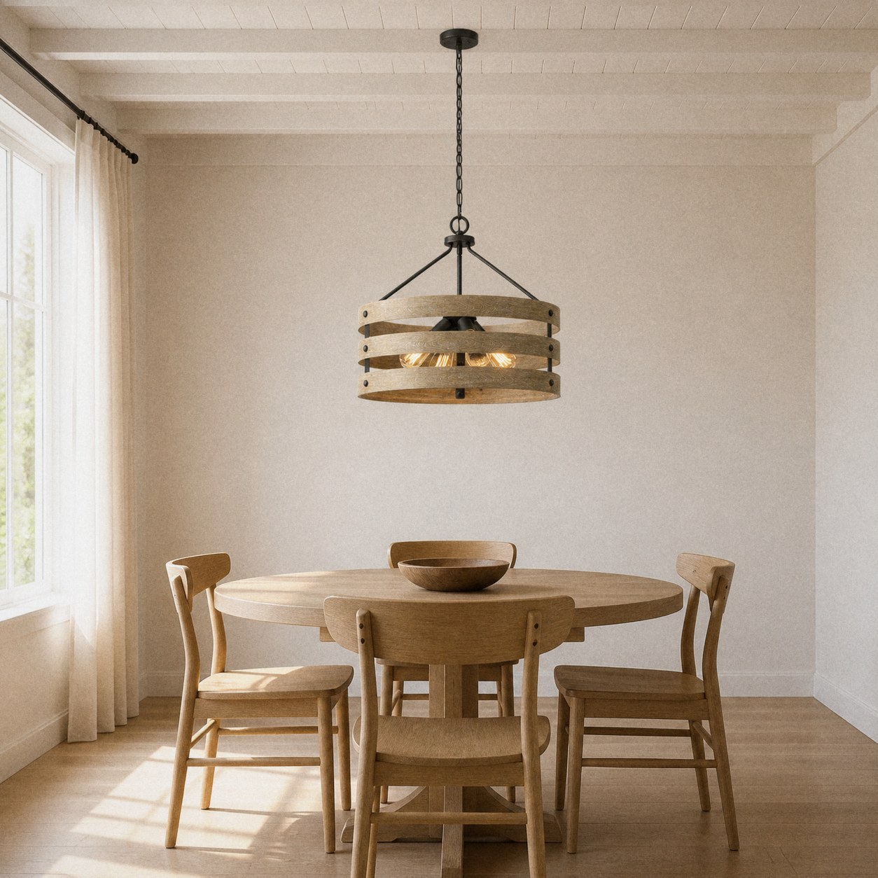 Dining room | Three-band wood-grain drum chandelier over a round oak table