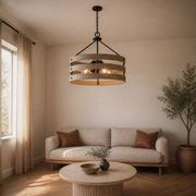 Living room | Three-band wood-grain drum chandelier over a round travertine table