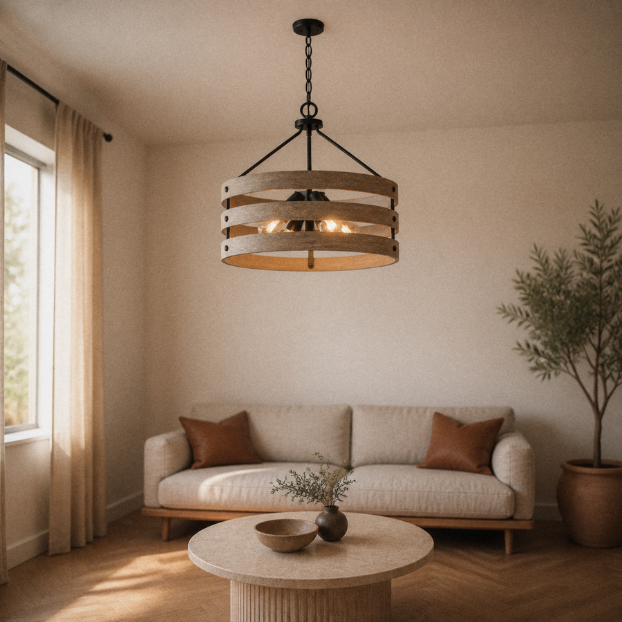 Living room | Three-band wood-grain drum chandelier over a round travertine table