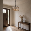 Entryway | Three-band wood-grain drum chandelier over a console in a doorway