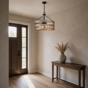 Entryway | Three-band wood-grain drum chandelier over a console in a doorway