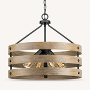 Studio front | Open drum chandelier with three embossed wood-grain bands, graphite chain, and four bulbs