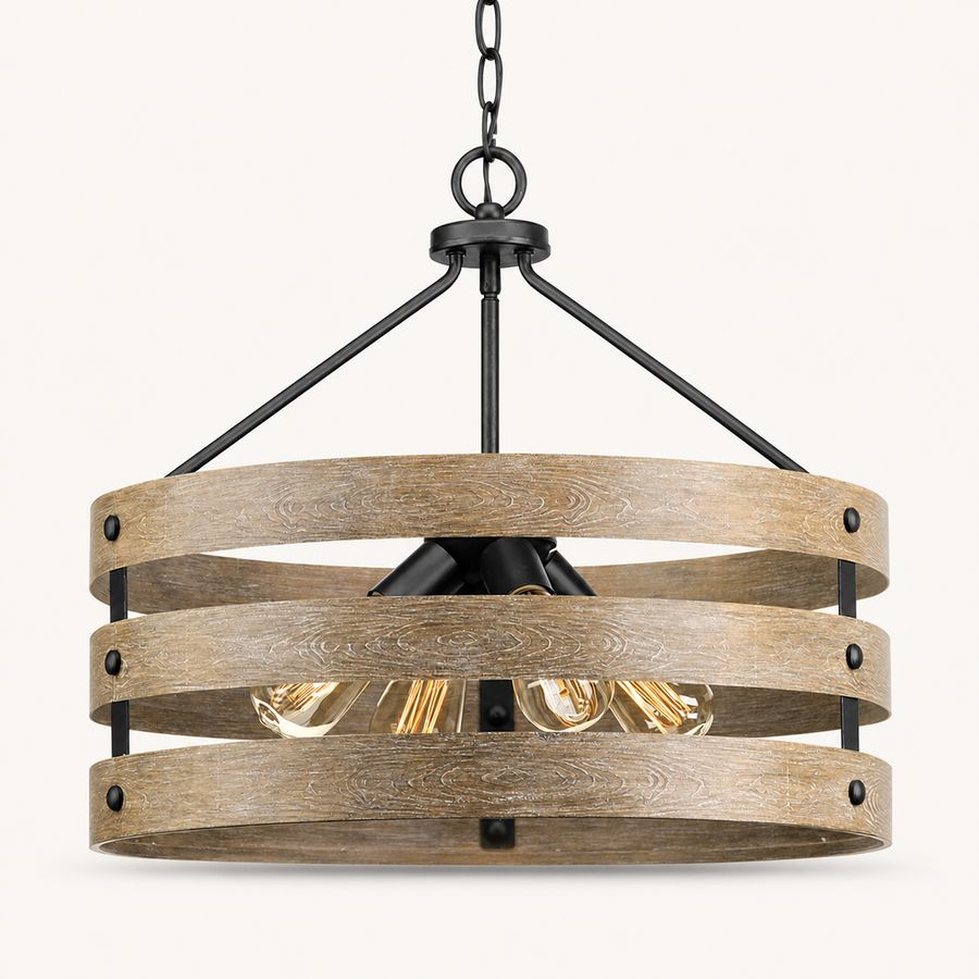 Studio front | Open drum chandelier with three embossed wood-grain bands, graphite chain, and four bulbs