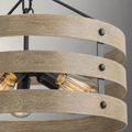 Close detail | Embossed wood-grain bands with round graphite fasteners and filament bulbs