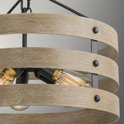 Close detail | Embossed wood-grain bands with round graphite fasteners and filament bulbs