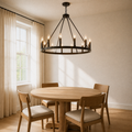 Warm dining room angle | underside of oil-rubbed bronze ring chandelier with chain and rods