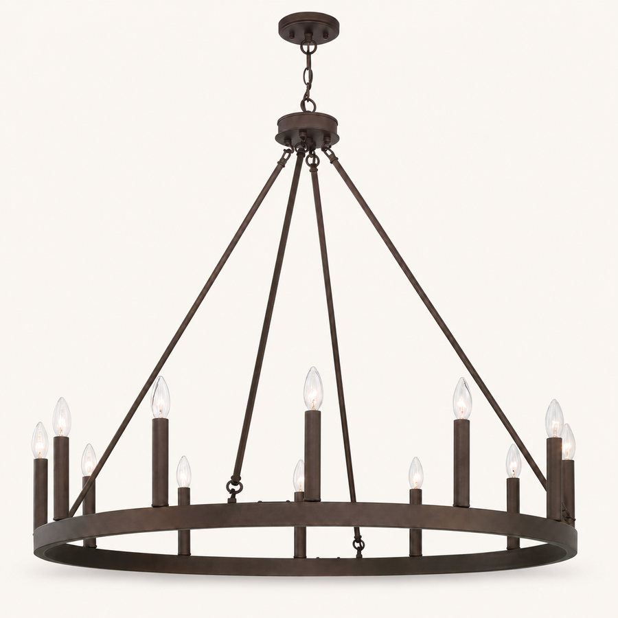 Studio front | oil-rubbed bronze ring chandelier with twelve staggered candle sleeves