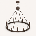 High studio angle | oil-rubbed bronze chandelier showing ring depth, canopy, and four rods