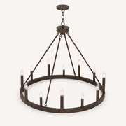 High studio angle | oil-rubbed bronze chandelier showing ring depth, canopy, and four rods