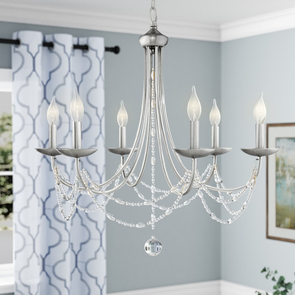 Chandelier, 6-Light Candle Style, Steel Frame, Pewter Finish