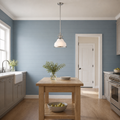 In scale | brushed nickel and frosted opal glass pendant above a compact oak prep table beside a fully visible interior doorway