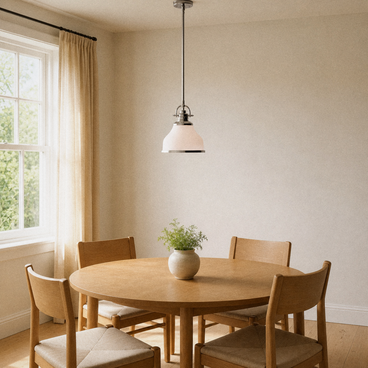 Dining room | brushed nickel and frosted opal glass pendant centered over a round oak dining table with four oak chairs