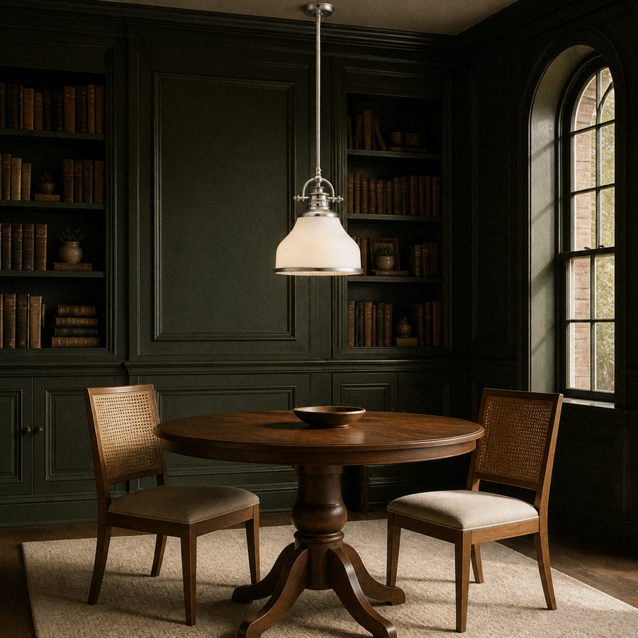 Green library dining room | brushed nickel and frosted opal glass pendant above a round walnut pedestal table