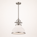 Front studio | brushed nickel downrod, arched yoke, frosted opal glass bell shade, and lower rim on a warm white backdrop