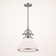 Front studio | brushed nickel downrod, arched yoke, frosted opal glass bell shade, and lower rim on a warm white backdrop