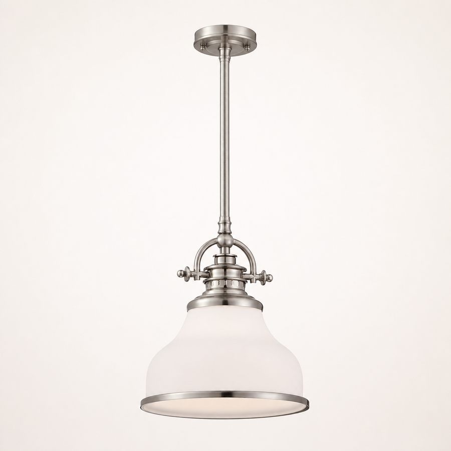 Front studio | brushed nickel downrod, arched yoke, frosted opal glass bell shade, and lower rim on a warm white backdrop