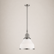 Side studio | strict side view of the brushed nickel downrod, yoke depth, frosted opal glass bell shade, and lower rim