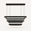 Studio front | black aluminum chandelier with three stepped rectangular LED frames, four cords, and slim canopy